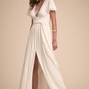 Halston Long V Neck Dress in Ivory/Chalk